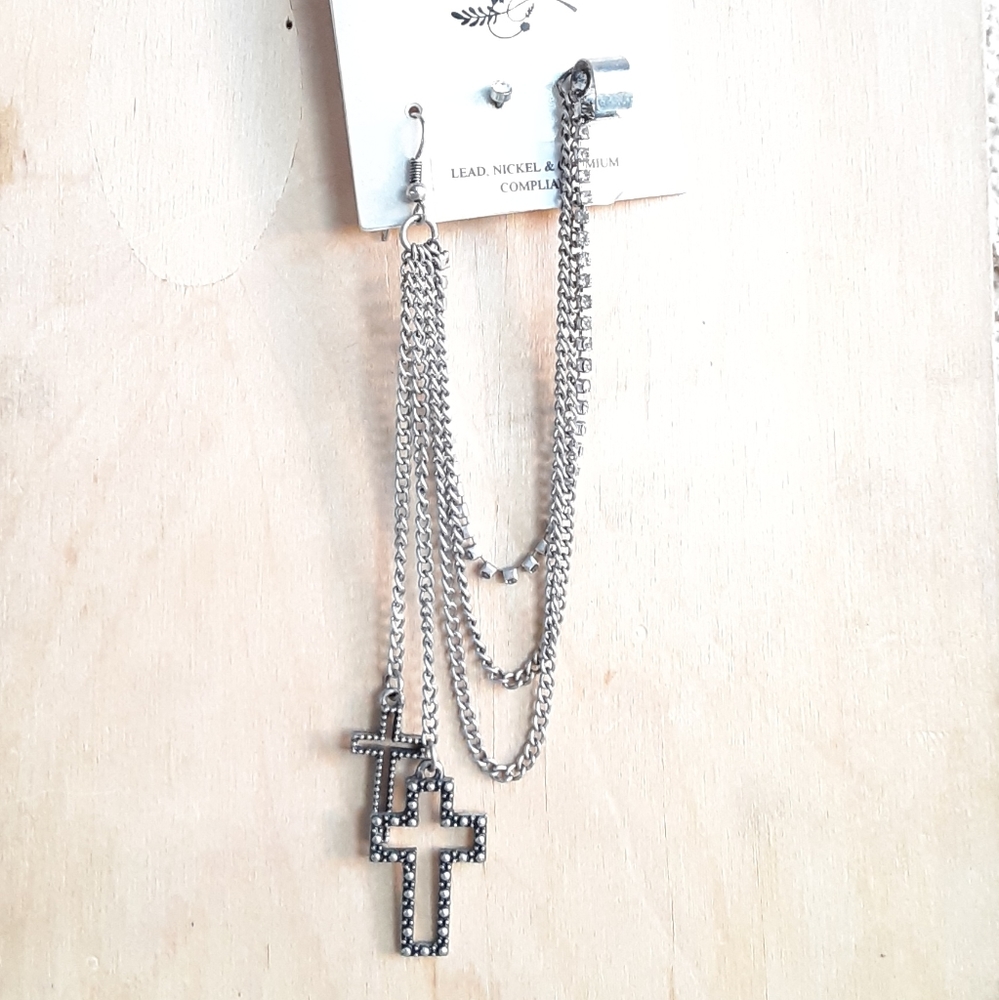 Retro Punk Double Cross & Silver Chain One Earring